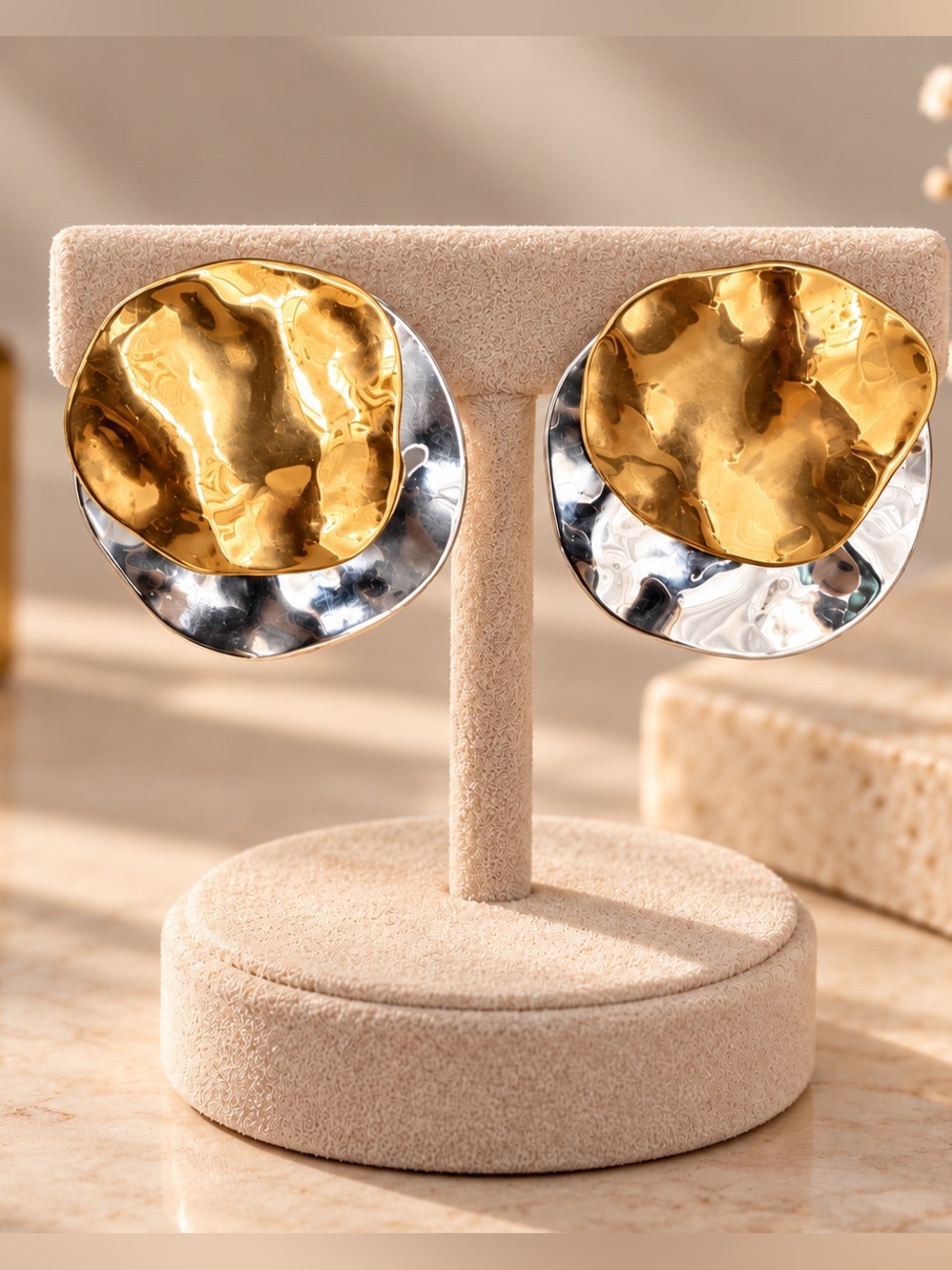 Gold & Silver Hammered Disc Clip Earrings